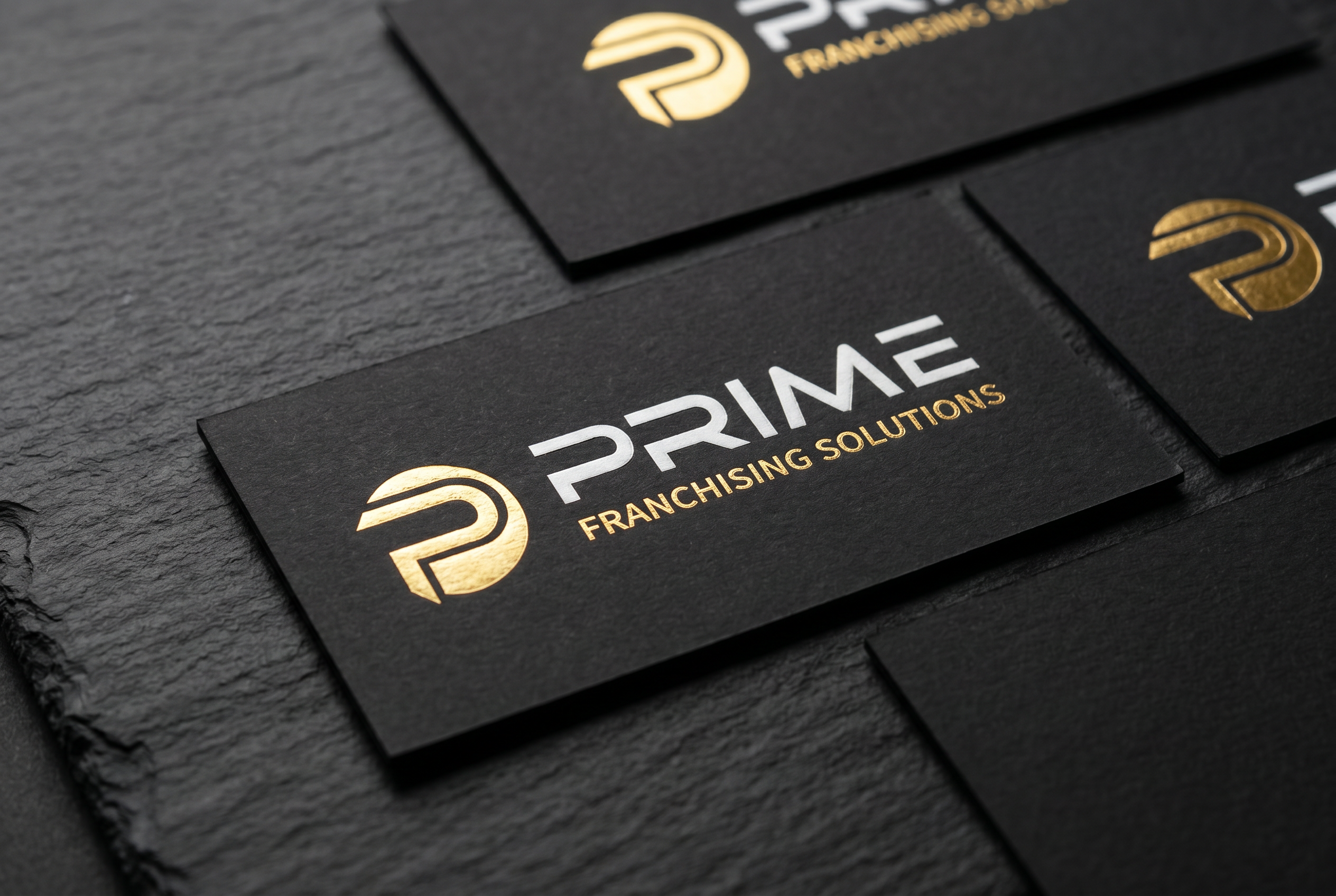 Cartão de visita Prime em preto com hot stamping dourado