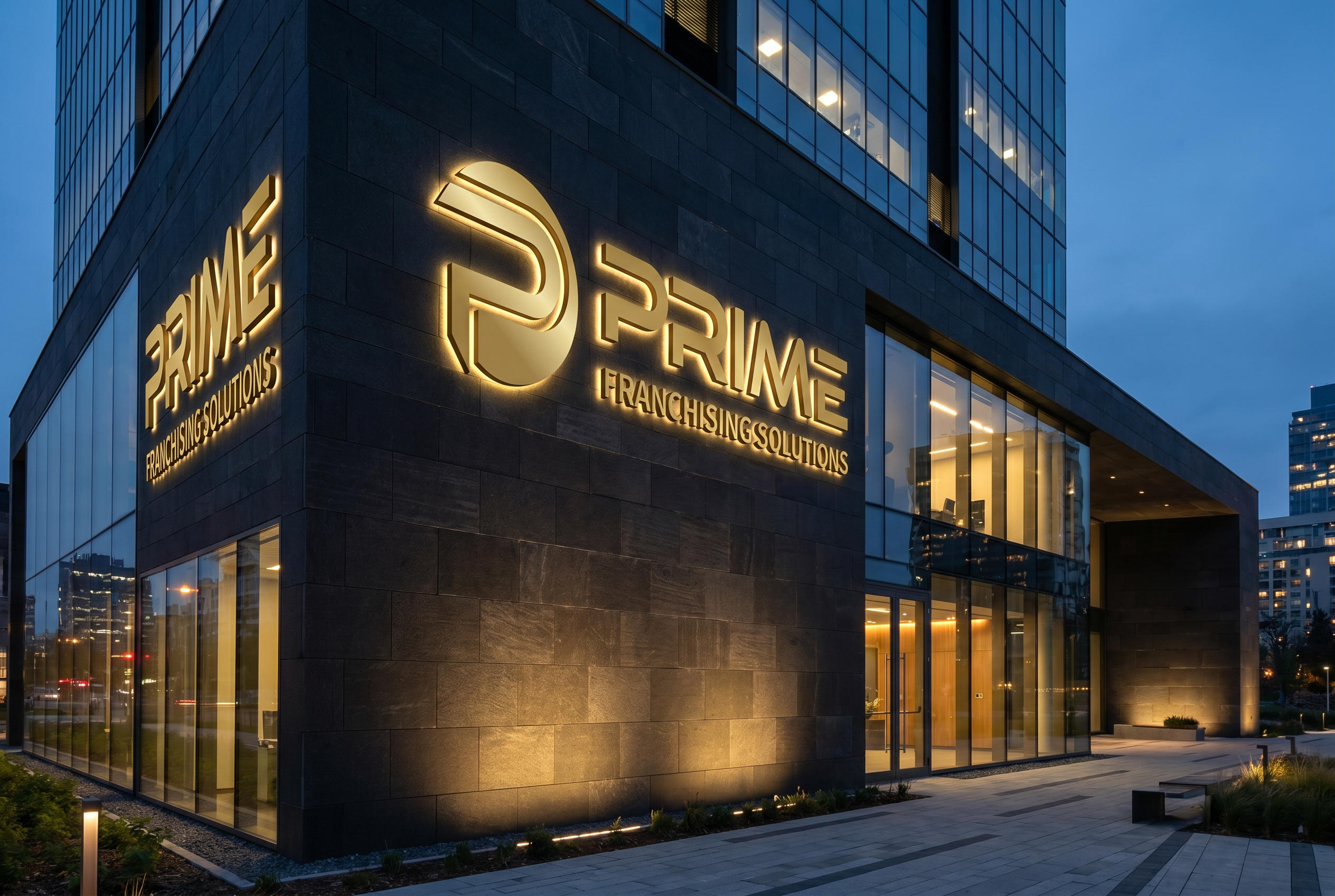 Fachada da sede Prime com letreiro luminoso dourado